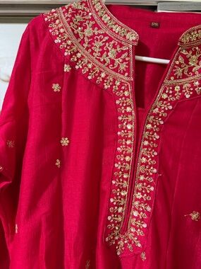Women's Embroidered Red Tunic Top with Gold Accents